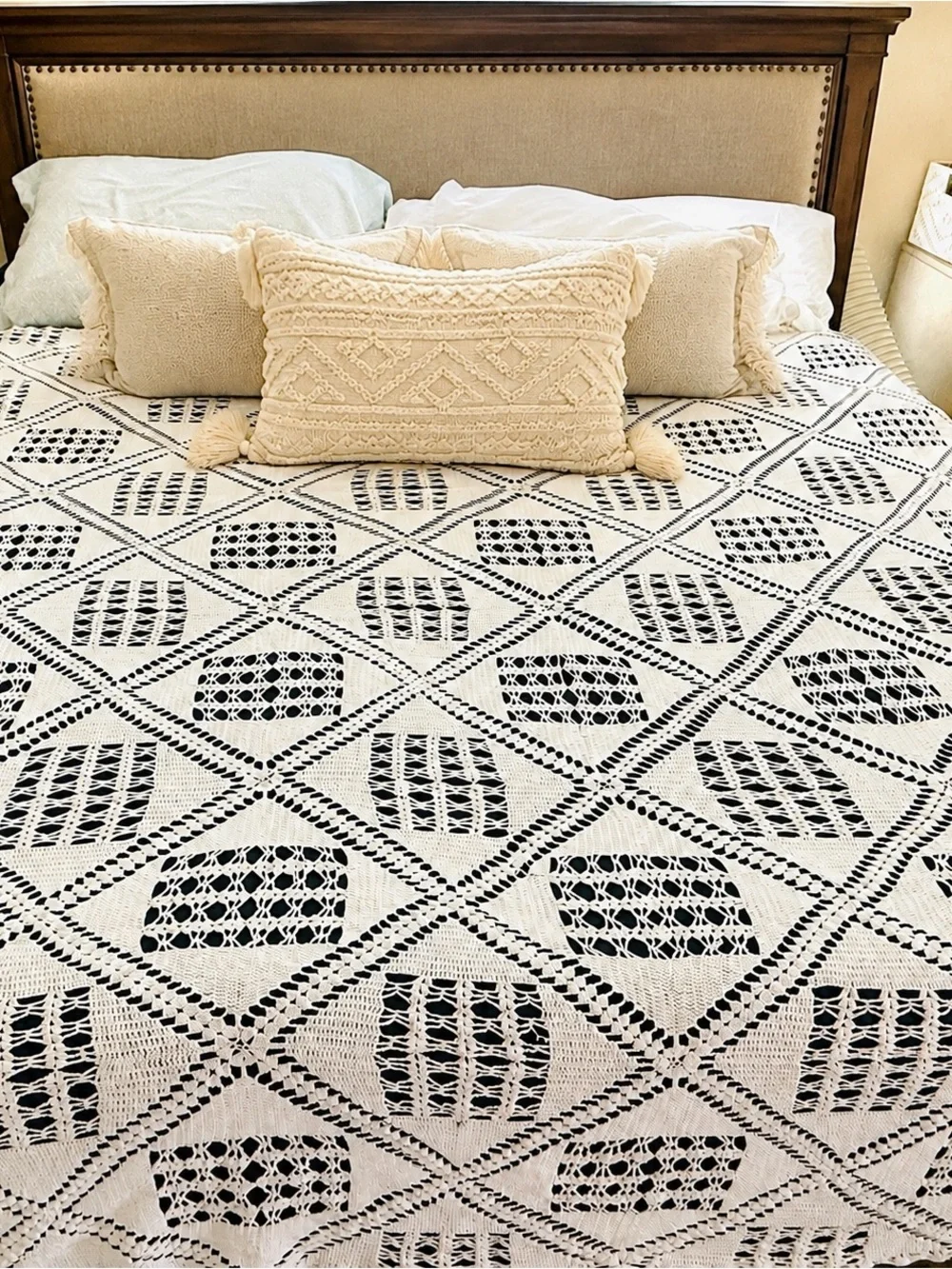Vintage White Crochet King Bedspread 105x96 Handmade Coverlet